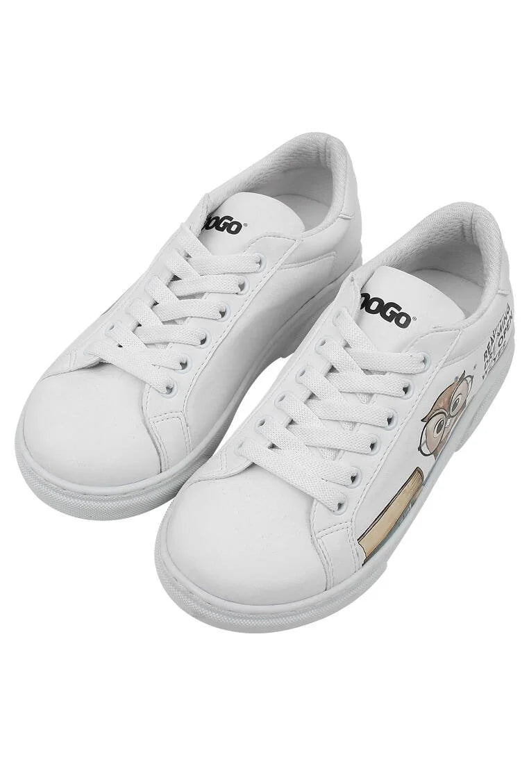 Unisex Kids Vegan Leather White Sneakers - The Wise Owl Design