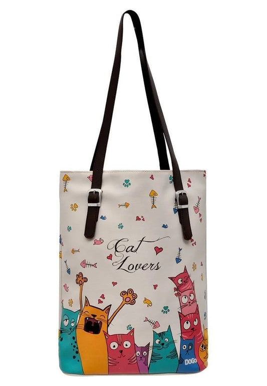 Women Vegan Leather Cream Shoulder Bag - Cat Lovers Design