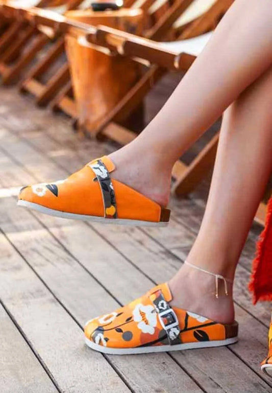 Women Vegan Leather Orange Slippers - Retrograde Design