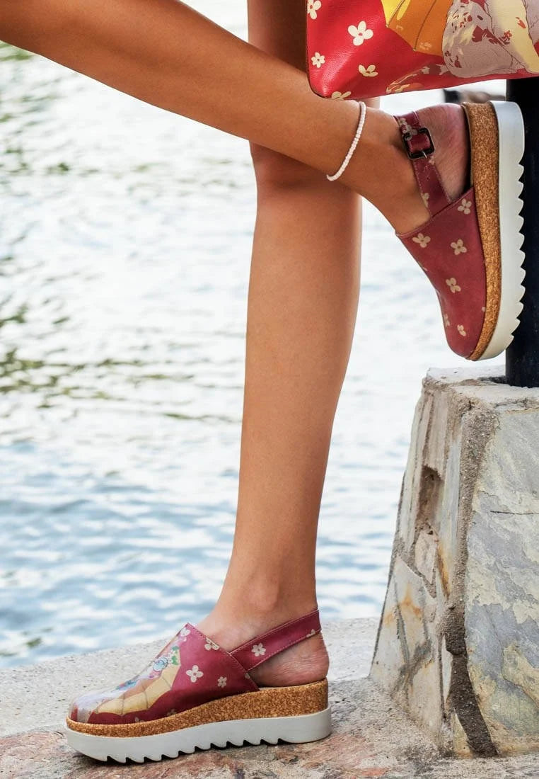 Women Vegan Leather Red Wedge Sandals - Cat of Grace Design