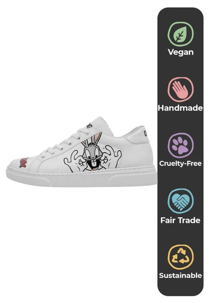 Women Vegan Leather White Sneakers - What's Up Doc? Bugs Bunny Design