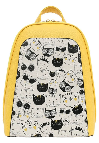 Vegan Leather Yellow Backpack - Monochrome Cats Design