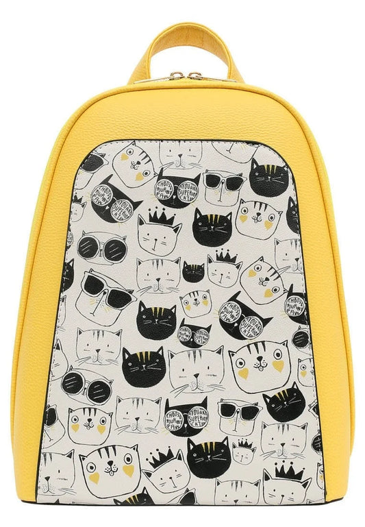 Vegan Leather Yellow Backpack - Monochrome Cats Design