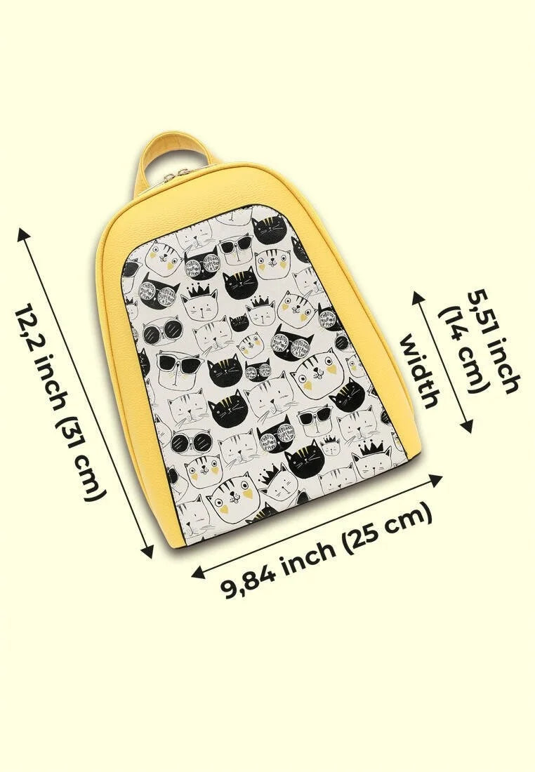 Vegan Leather Yellow Backpack - Monochrome Cats Design