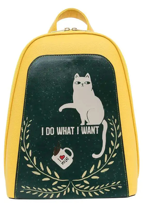 Women Vegan Leather Yellow Backpack - I Do What I Want Design