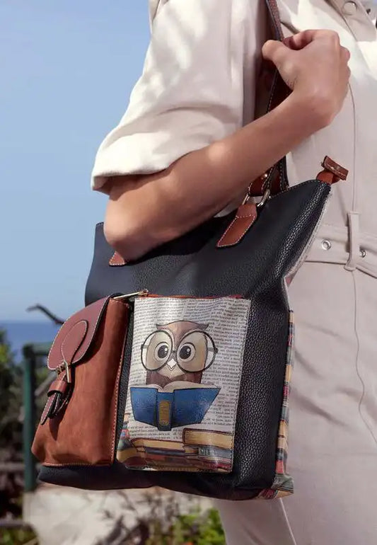 Women Vegan Leather Navy Shoulder Bag - The Wise Owl Design