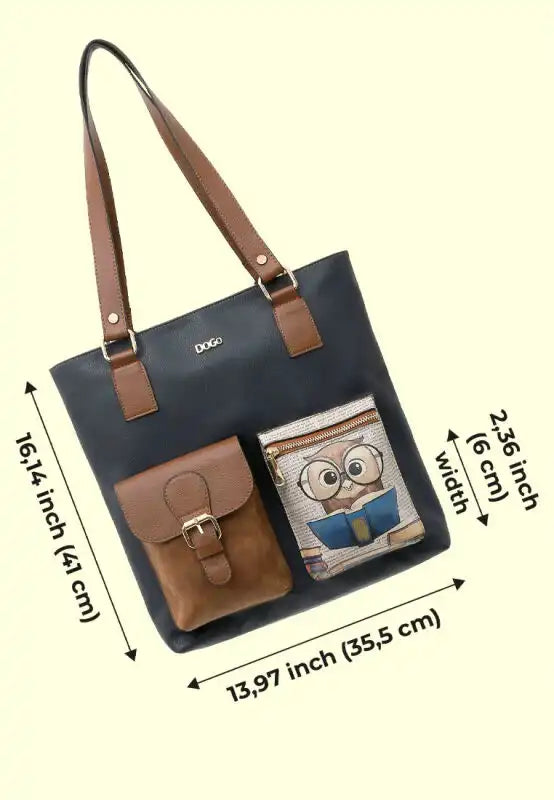 Women Vegan Leather Navy Shoulder Bag - The Wise Owl Design